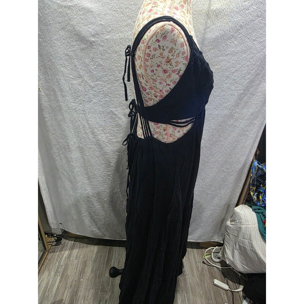 Free People Tropical Maxi Black Tiered Cut Out Backless Boho Beachy Resort Sz L - Picture 6 of 10